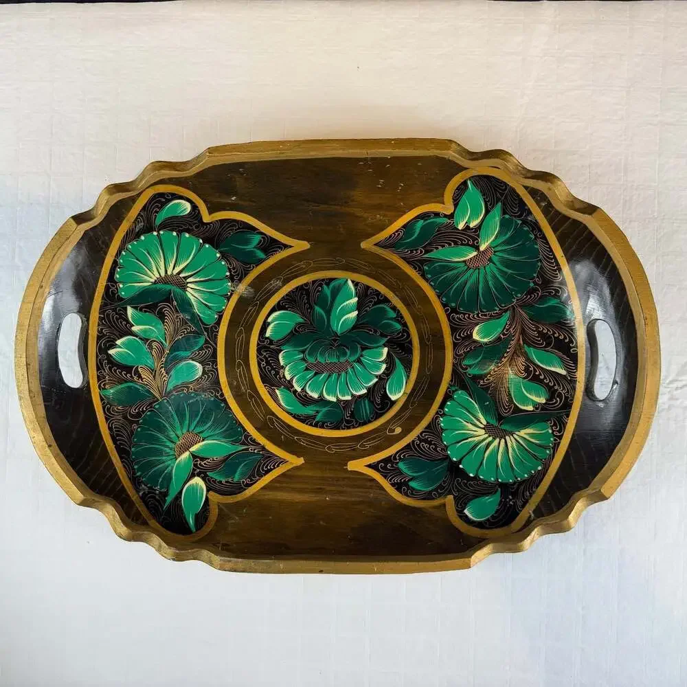 Oval Wood Serving Tray Green Floral Folk Art Gold Trim Handles Large 17in Mexico